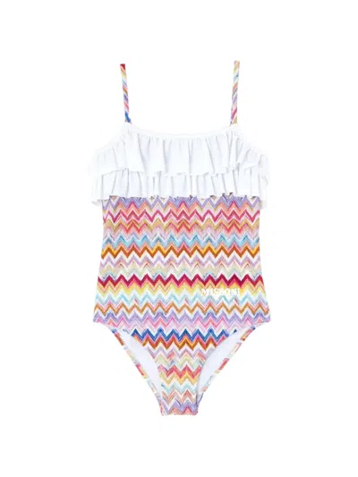 Missoni Kids' Zigzag-print Ruffled Swimsuit In White
