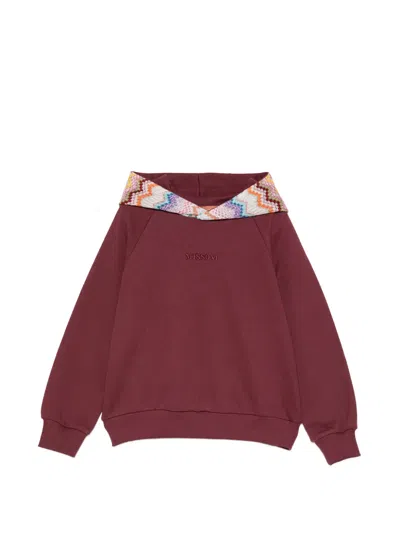 Missoni Kids' Zigzag-trim Logo-embroidered Cotton Hoodie In Red