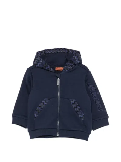 Missoni Babies' Zigzag-trim Logo-embroidered Hoodie In Blue