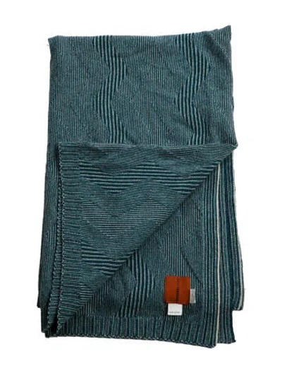 Pre-owned Missonihome Wool-blend Zig Zag Knit Throw Blanket In Blue