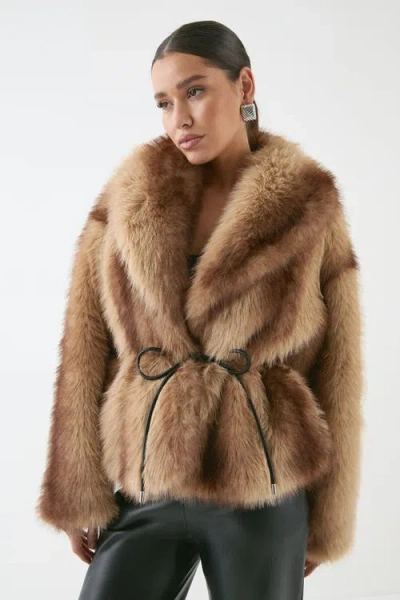 Misspap Faux Fur Wide Collar Belted Jacket In Brown