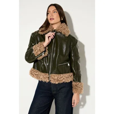 Misspap Premium Faux Fur Collar Aviator Jacket In Green