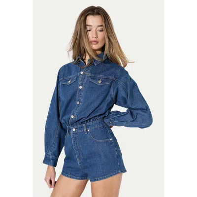 Misspap Structured Shoulder Denim Playsuit In Blue
