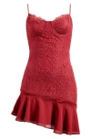 Mistress Rocks Asymmetric Stretch Lace Body-con Minidress In Red