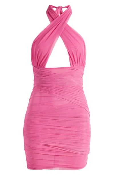 Mistress Rocks Cutout Crossover Mesh Cocktail Halter Minidress In Magenta