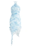 Mistress Rocks Floral Asymmetric Ruffle Minidress In Blue Floral