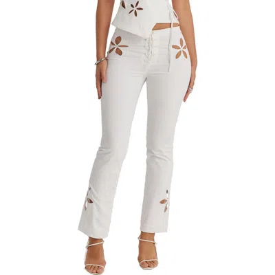 Mistress Rocks Floral Cutout Lace-up Straight Leg Pants In Cloud