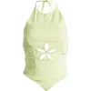 Mistress Rocks Floral Cutout Open Back Halter Top In Matcha