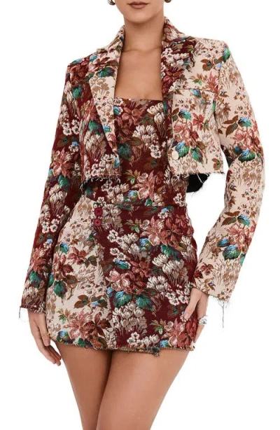 Mistress Rocks Floral Jacquard Crop Blazer In Burgundy Multicolor
