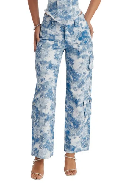 Mistress Rocks Floral Straight Leg Cargo Jeans In Blue Flower Print