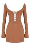 Mistress Rocks Lace Corset Cold-shoulder Long Sleeve Minidress In Walnut