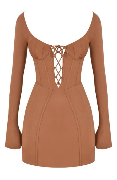 Mistress Rocks Lace Corset Cold-shoulder Long Sleeve Minidress In Walnut