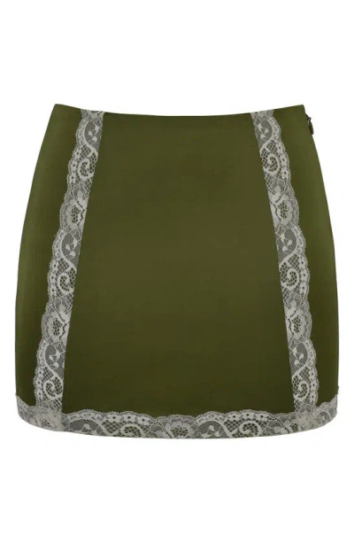 Mistress Rocks Lace Trim Stretch Satin Miniskirt In Avocado