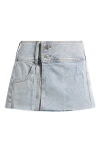 Mistress Rocks Lace Trim Stretch Satin Miniskirt In Denim