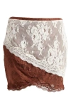 Mistress Rocks Lace Trim Stretch Satin Miniskirt In Nude