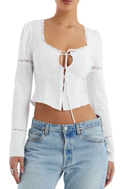 Mistress Rocks Lace Trim Tie Front Top In White