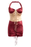 Mistress Rocks Lace Up Corset Minidress In Dark Cherry Biscuit