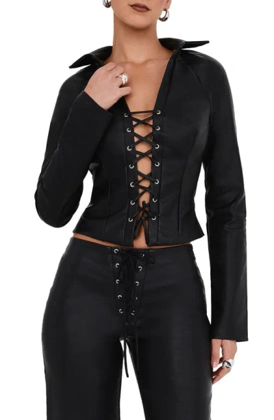 Mistress Rocks Lace-up Faux Leather Top In Black