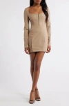 Mistress Rocks Long Sleeve Cocktail Minidress In Smokey Brown