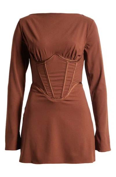 Mistress Rocks Long Sleeve Corset Minidress In Cocoa