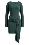Mistress Rocks Long Sleeve Draped Minidress In Evergreen
