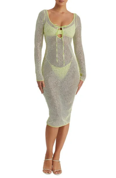 Mistress Rocks Long Sleeve Sequin Mesh Midi Dress, Bra & Panties Set In Lime