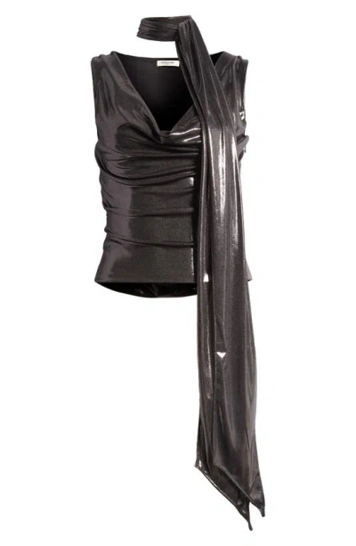 Mistress Rocks Metallic Drape Tie Neck Sleeveless Top In Black