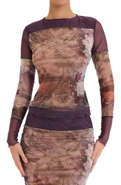 Mistress Rocks Mixed Media Floral Mesh Top In Dusty Prune