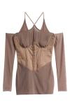 Mistress Rocks Off The Shoulder Long Sleeve Corset Minidress In Dusty Brown