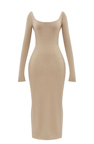 Mistress Rocks Open Back Long Sleeve Body-con Dress In Camel