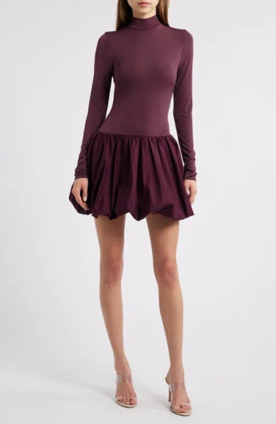 Mistress Rocks Puffball Long Sleeve Bubble Hem Minidress In Dark Plum