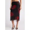 Mistress Rocks Rose Lace-up Mesh Midi Skirt In Black Rose Print