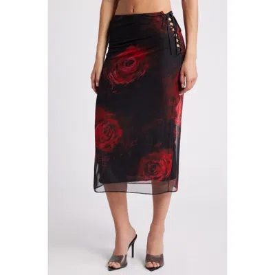 Mistress Rocks Rose Lace-up Mesh Midi Skirt In Black Rose Print