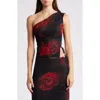 Mistress Rocks Rose One-shoulder Lace-up Mesh Top In Black Rose Print