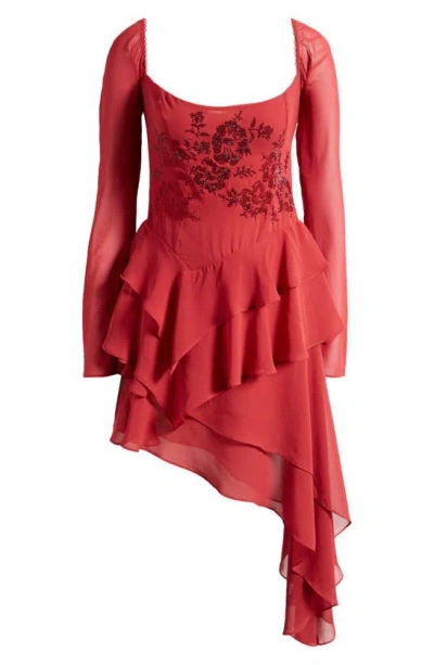 Mistress Rocks Ruby Crystal Ruffle Long Sleeve Georgette Dress In Blood Red