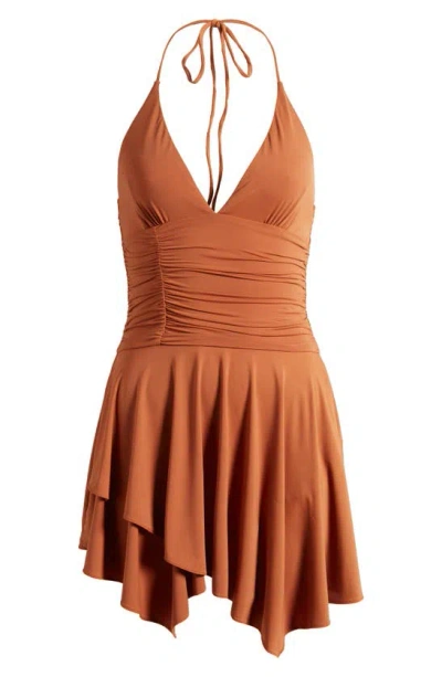 Mistress Rocks Ruched Plunge Neck Halter Minidress In Pecan