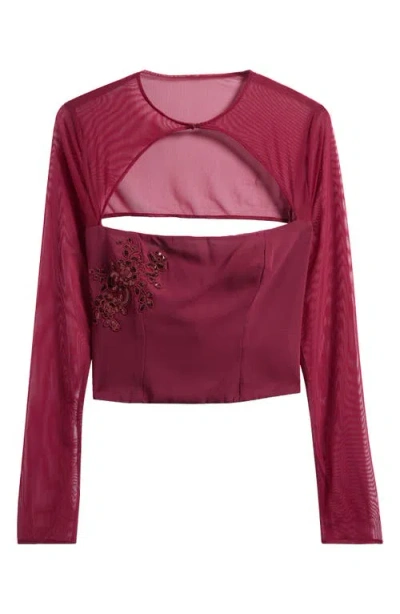 Mistress Rocks Sequin Appliqué Cutout Mesh Crop Top In Black Cherry