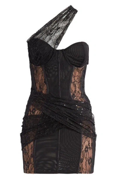 Mistress Rocks Sequin Lace Overlay Corset Minidress In Black