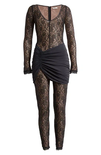 Mistress Rocks Sheer Lace Long Sleeve Catsuit In Black