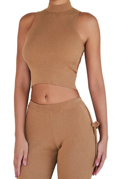Mistress Rocks Sleeveless Ribbed Cutout Crop Top In Brown