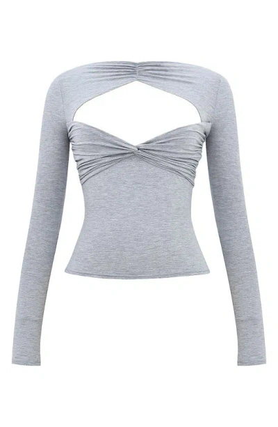 Mistress Rocks Twist Front Long Sleeve Cutout T-shirt In Grey Marl