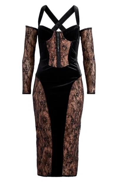 Mistress Rocks Velvet & Lace Corset Cocktail Midi Dress In Black