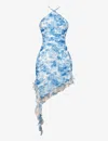 Mistress Rocks Womens Blue Halterneck Floral-print Stretch-woven Mini Dress L In Blue