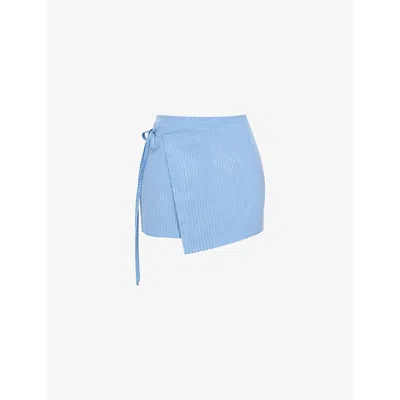 MISTRESS ROCKS WOMENS BLUE STRIPED TIE-WAIST STRETCH-COTTON MINI SKIRT XS