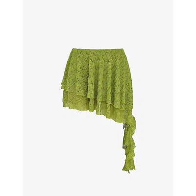 MISTRESS ROCKS WOMENS LIME TIERED SPIRAL-FRILL POINTELLE-KNIT SKIRT
