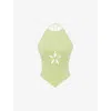 Mistress Rocks Floral Cutout Open Back Halter Top In Matcha