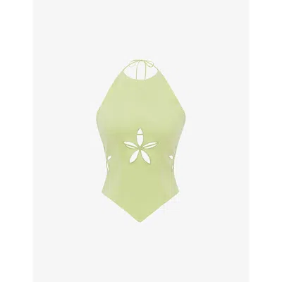 MISTRESS ROCKS WOMENS MATCHA CUT-OUT HALTERNECK WOVEN TOP XS