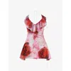 Mistress Rocks Womens Rose Abstract-pattern Halterneck Stretch-mesh Mini Dress L In Rose