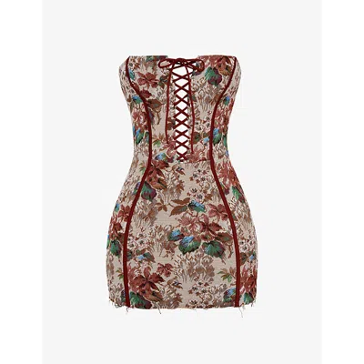 MISTRESS ROCKS WOMENS TAPESTRY FLORAL-PRINT LACE-UP WOVEN MINI DRESS