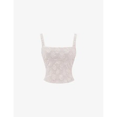 Mistress Rocks Womens Taupe Textured Floral-embellished Woven Top